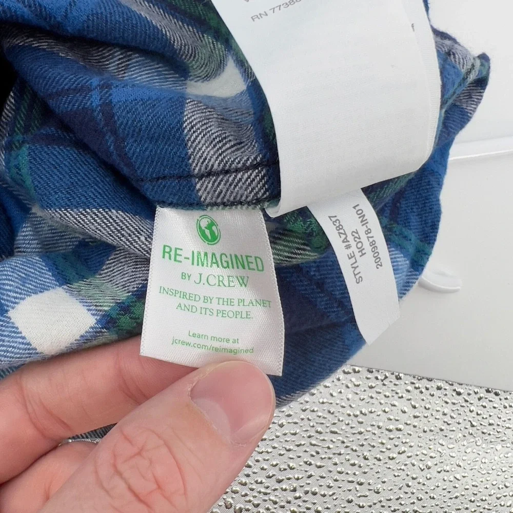 J.Crew Men L Button-Up Long Sleeve Flannel Shirt Blue Green Plaid‎ Collar Pocket